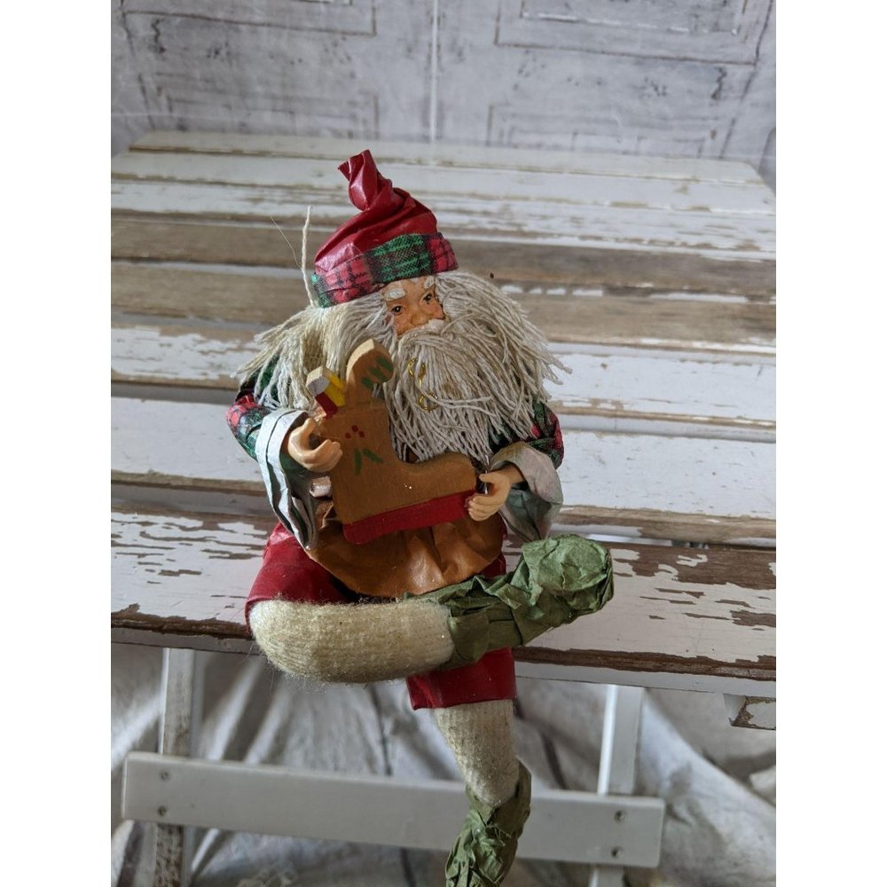 Sitting paper mache elf Xmas stocking decor orname